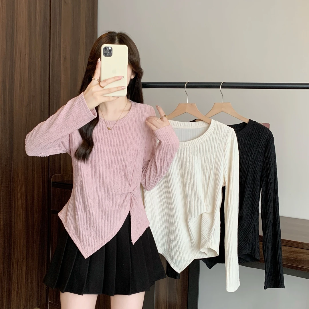 2025秋季新款胖mm大码设计感长袖T恤不规则收腰正肩打底上衣