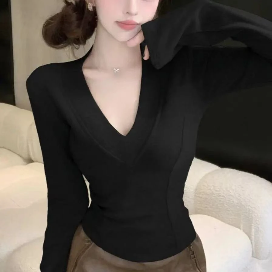 V领新款长袖女款上衣内搭可外穿高冷长袖秋冬百搭辣妹打底衫8135