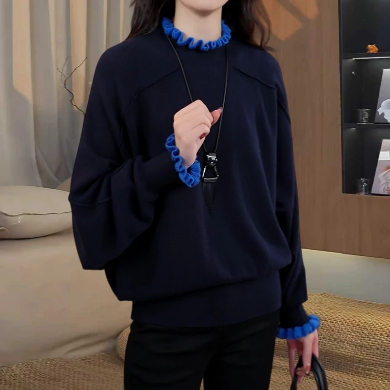 小众气质减龄拼接木耳边套头针织衫秋冬新款精致百搭洋气内搭上衣