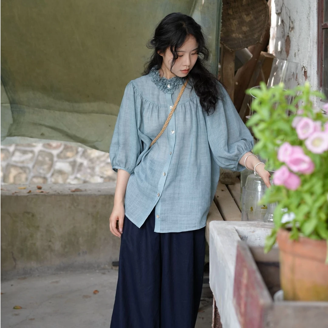 山中有桂枝芷兰 花瓣领苎麻灰蓝色衬衫+藏蓝色天丝日常花边休闲裤