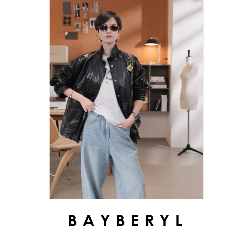 BAYBERYL老贝工装风油蜡立领时尚排扣皮衣25秋外套PY5E2241