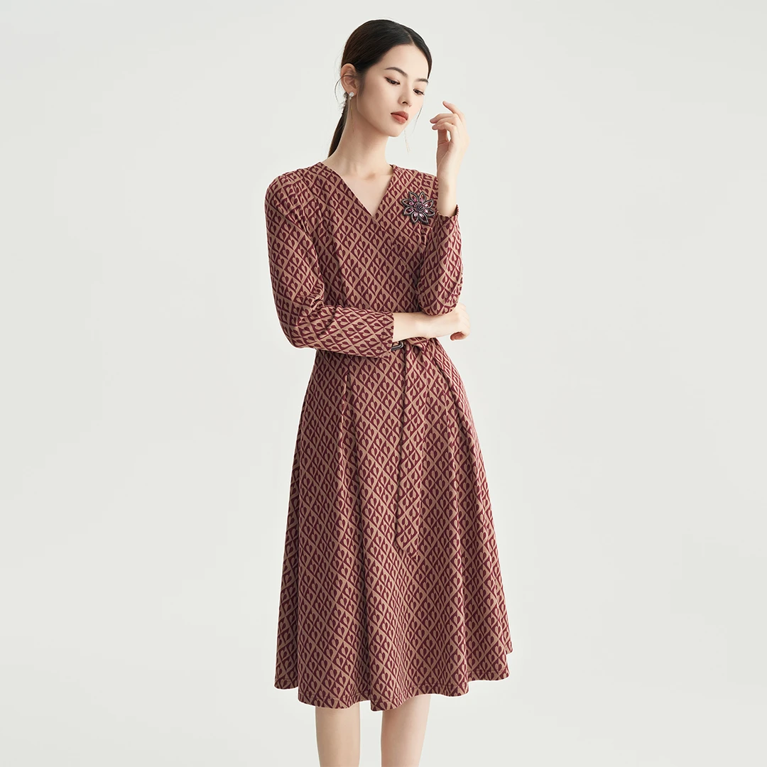 MY TENO/马天奴VHA946连衣裙裙子秋季翻领格纹收腰连衣裙碎花女装