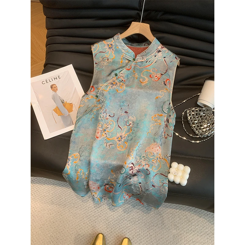 高端欧货夏季新圆领新中式盘扣国风坎肩无袖背心衬衫女上衣中长款