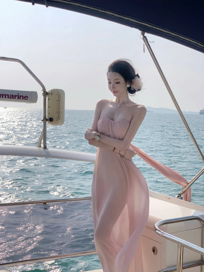 【雅乔定制】樱花之境 珍珠雪纺长裙飘带抹胸连衣裙DYLL-24126638