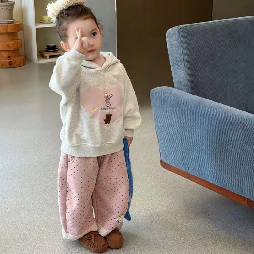 【KL】加绒戴帽可爱休闲卫衣套头25新冬款女宝波猫咪休闲加绒裤