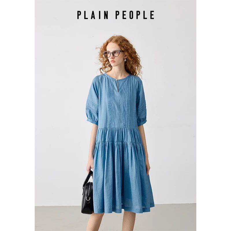 PLAIN PEOPLE法式浪漫蕾丝拼接苎麻泡泡袖连衣裙女2025夏新款