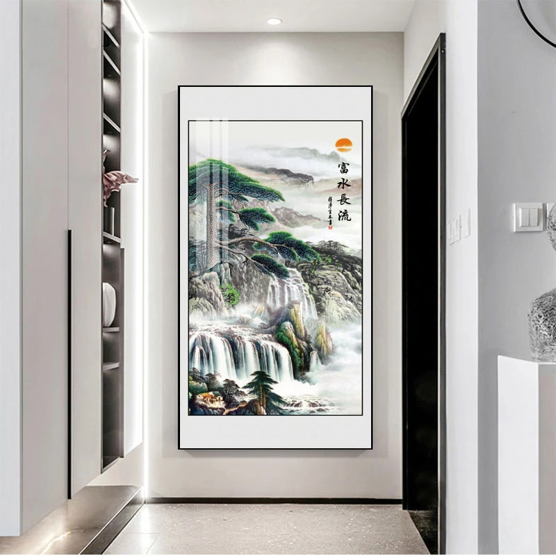 新中式富水玄关装饰画流水生财山水立体入户晶瓷装饰走廊过道挂画