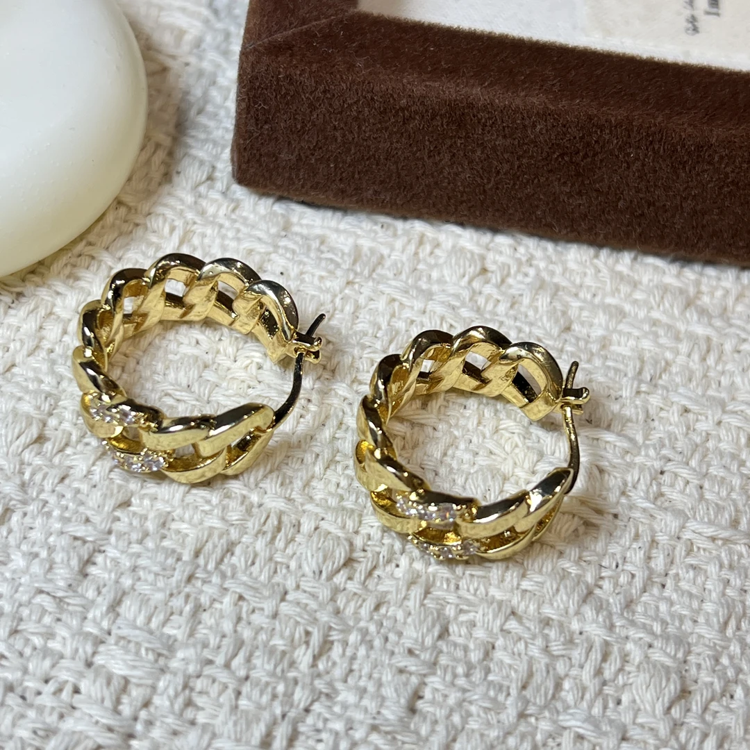 铜合金锆石耳饰 耳饰耳环耳扣轻奢气质轻奢法式小众简约金色秋冬