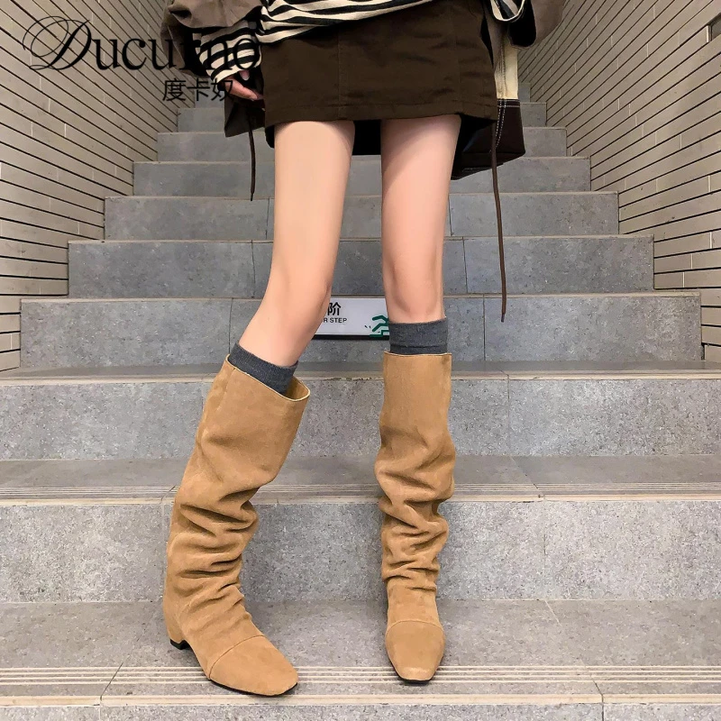 5cm气质款小方头褶皱内增高长靴2025秋冬新款高跟不过膝西部靴女