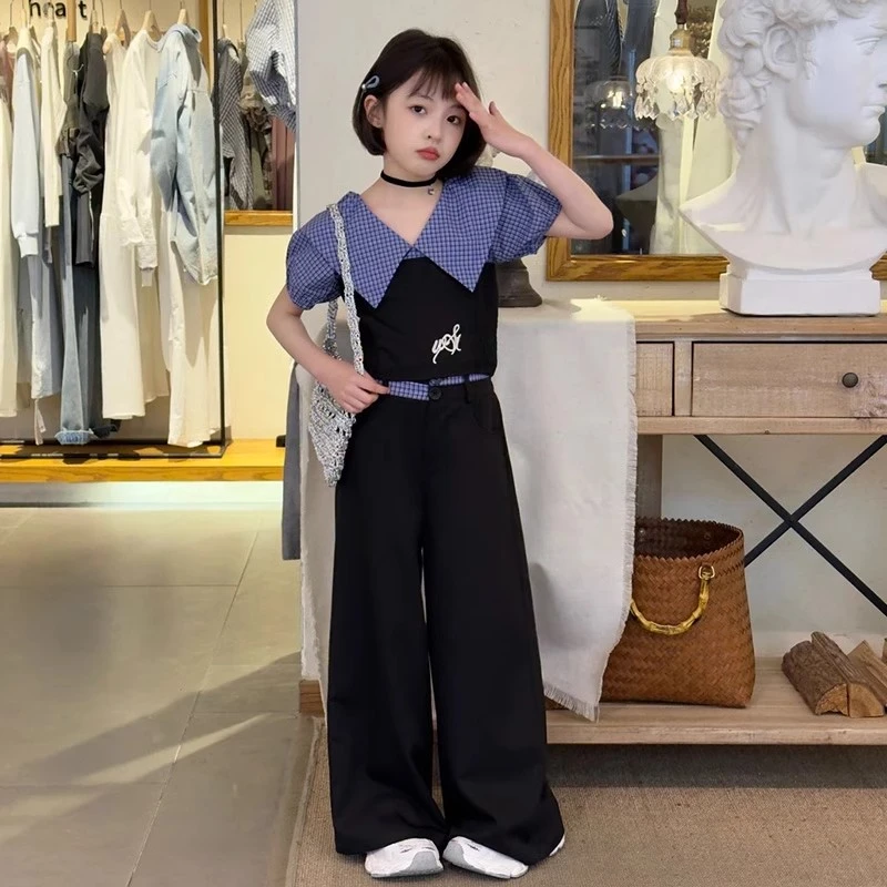 女童夏装洋气格子拼接短袖套装2025新款儿童时髦西装阔腿裤两件套