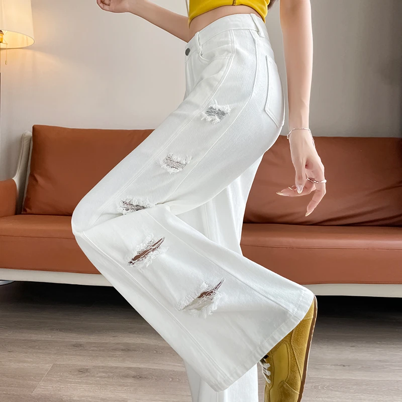 侧边破洞白色牛仔裤女2025年夏薄宽松超火美式辣妹个性拼接阔腿裤