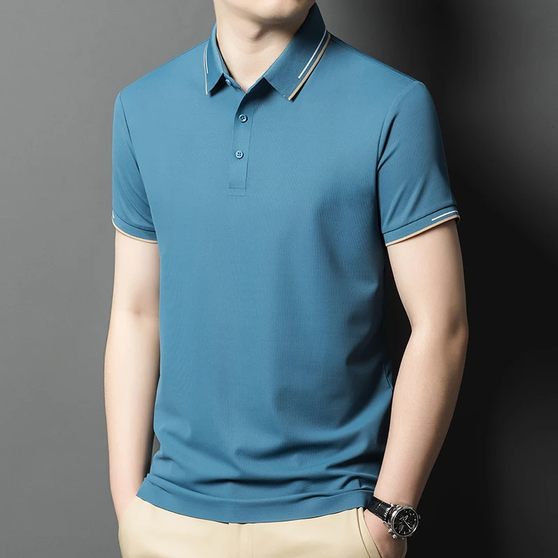 男士夏季凉感无痕纯色商务polo衫翻领休闲简约短袖宽松T恤