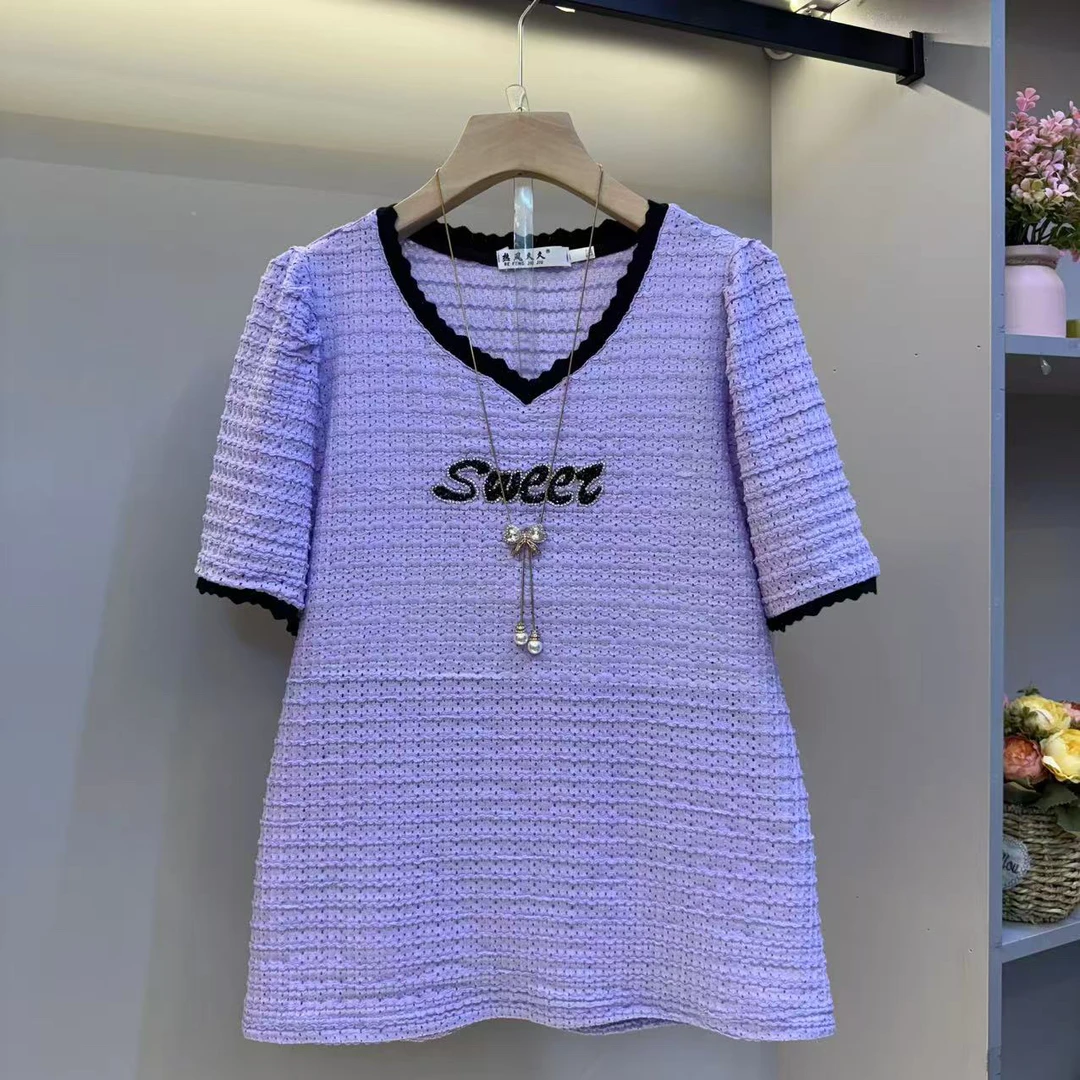 欧货2025夏V领字母高级感镂空蕾丝短袖大码女装洋气衫