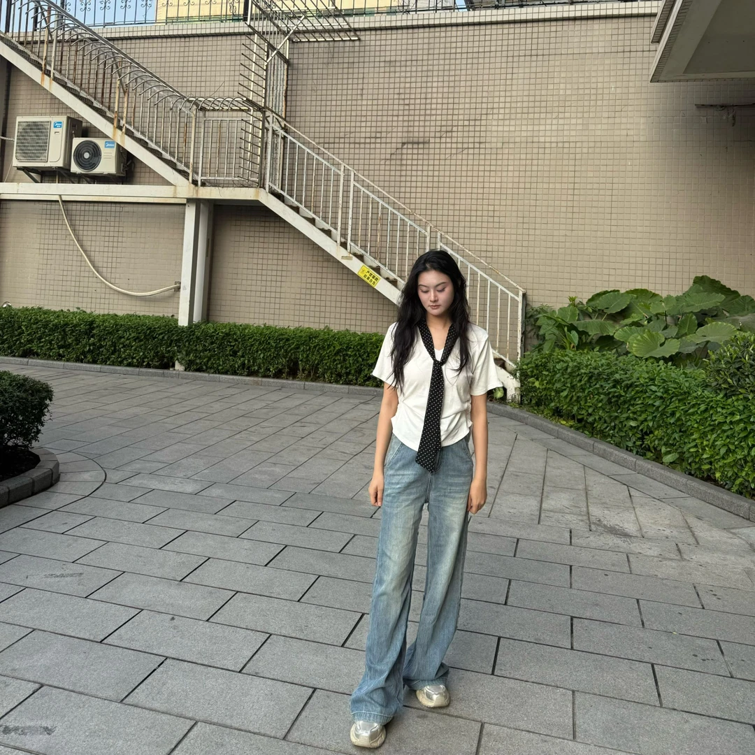 纯色V领带波点丝带短袖简约T恤女2025早夏新款宽松显瘦打底上衣