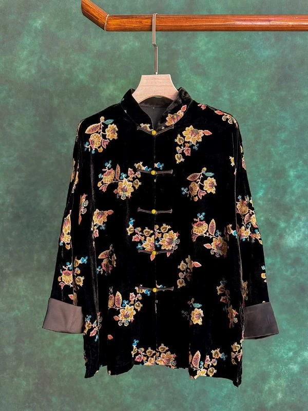 卿风出品221547春夏新款丝绒新中式国风对襟开衫外套