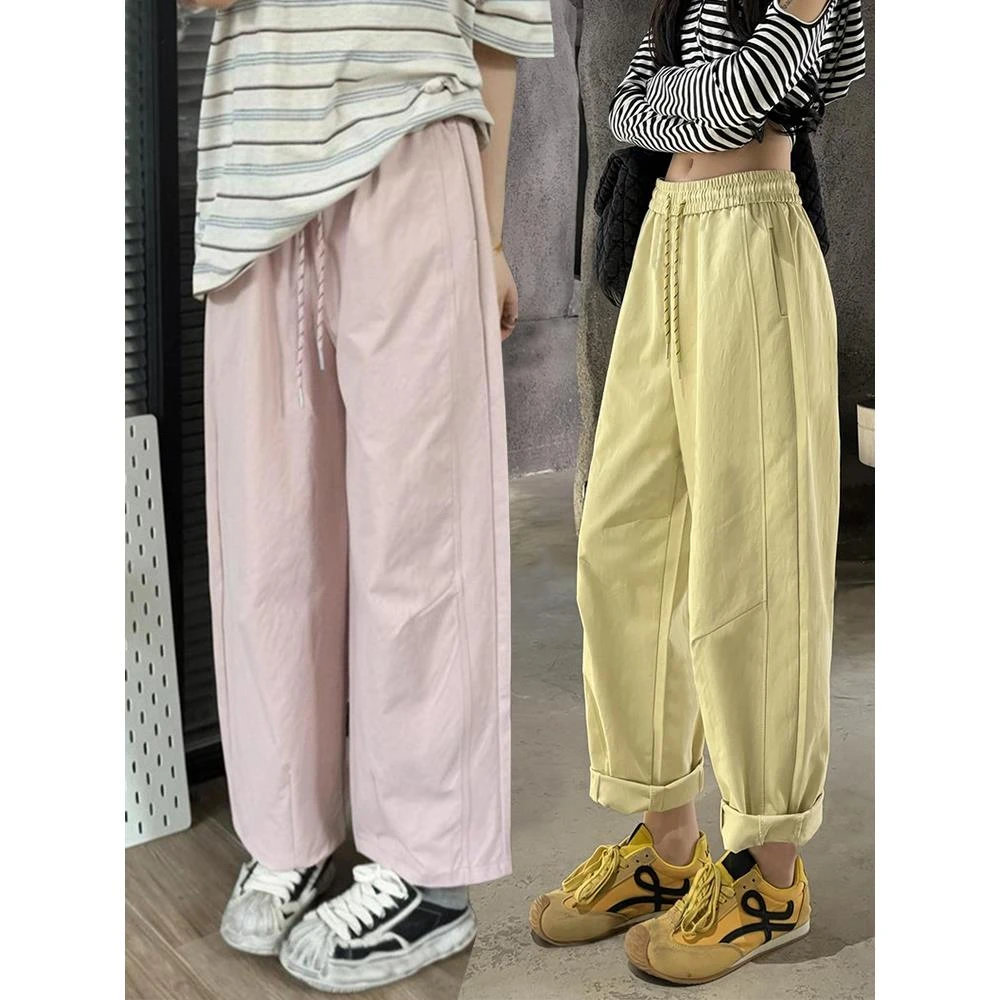 夏季薄款粉色气球裤女韩系高腰遮肉显瘦宽松九分奶奶裤休闲裤子