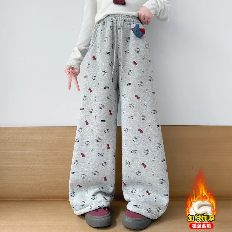 女童外穿裤子2025新款大童冬季女孩洋气百搭一体绒加厚运动阔腿裤