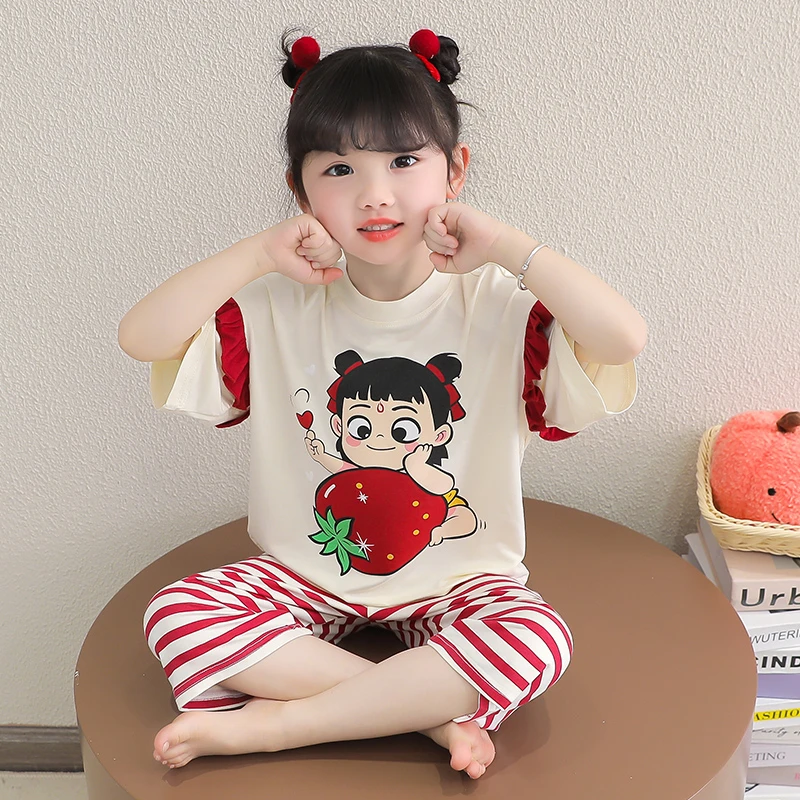 儿童夏季睡衣哪吒夏季短袖莫代尔家居服套装2025新款儿童薄款女宝