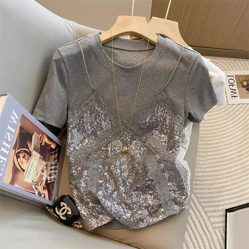 法式假两件蕾丝吊带拼接短袖T恤女2025夏季新款独特气质百搭上衣