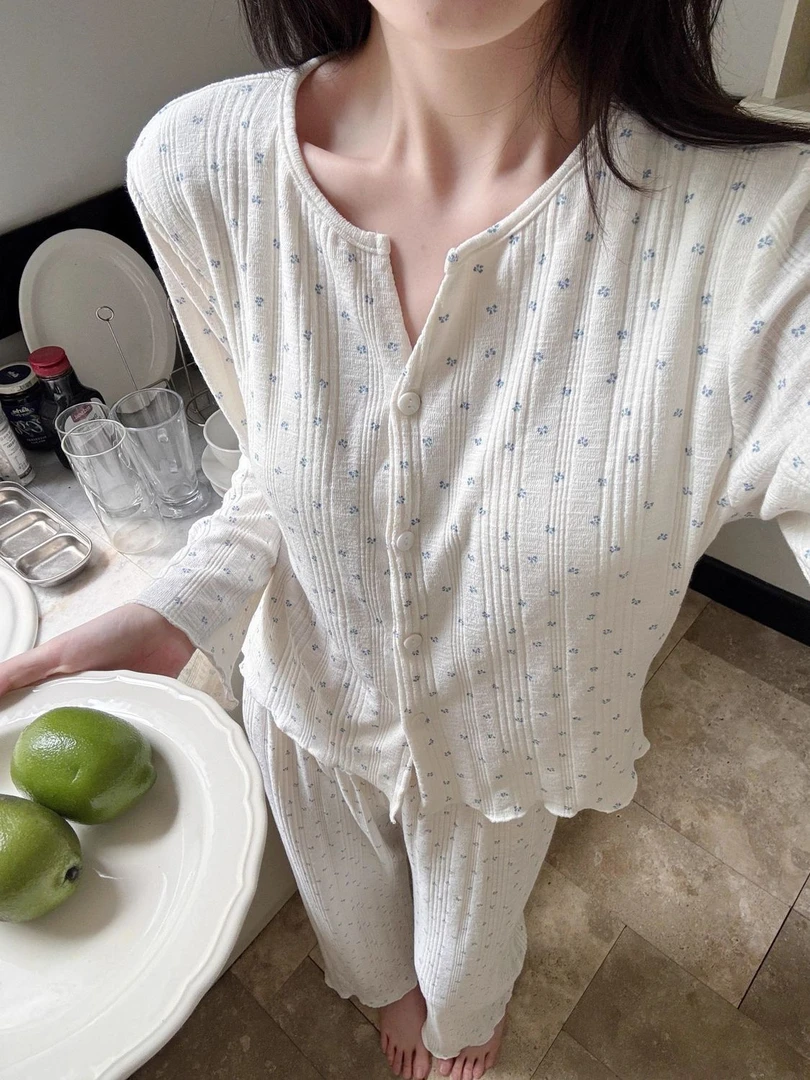 睡衣女秋季新款木耳边碎花柔软舒适长袖bm风家居服显瘦两件套套装