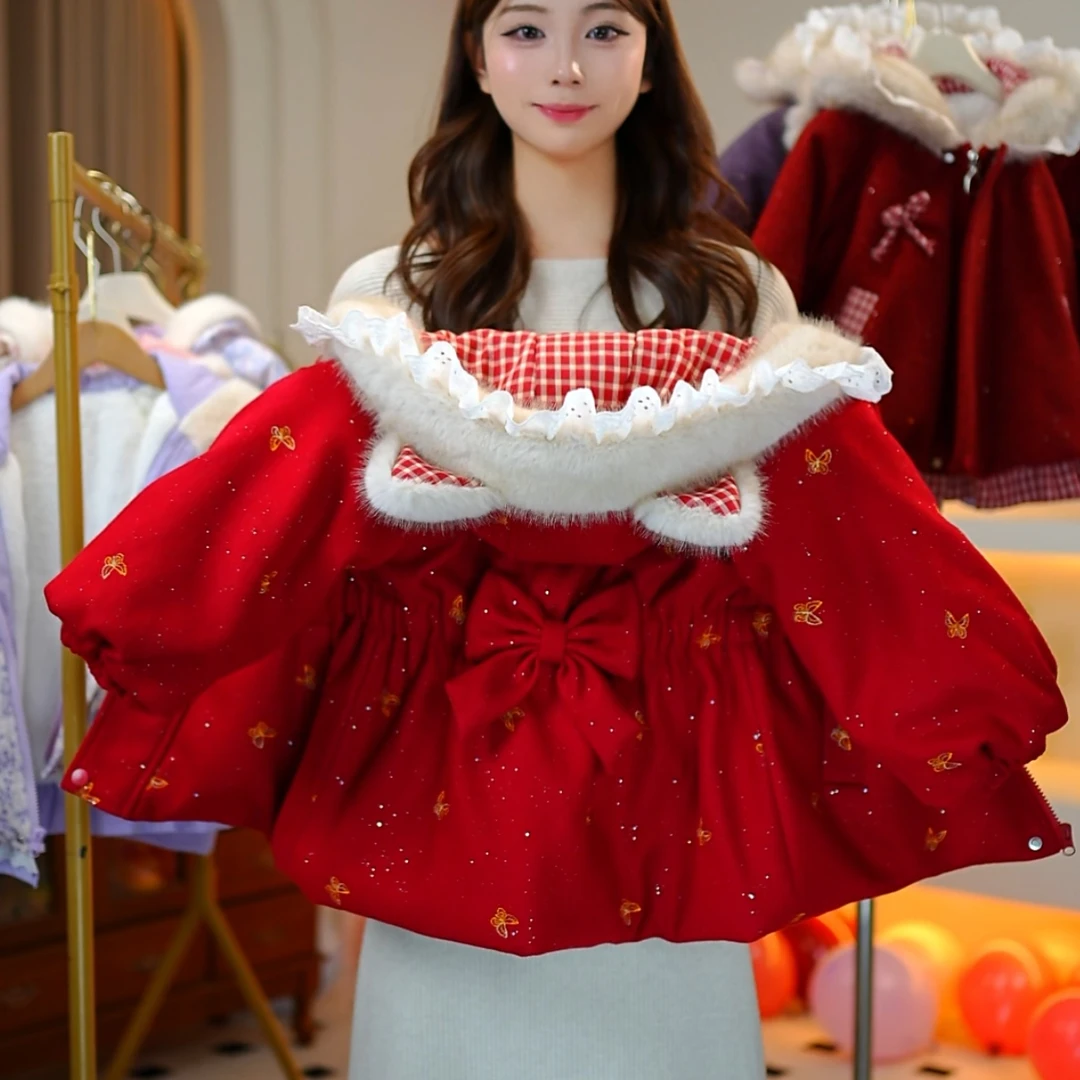【佳琪妈】年服圣诞极寒系列女童红色刺绣蝴蝶加厚棉服外套-7218#