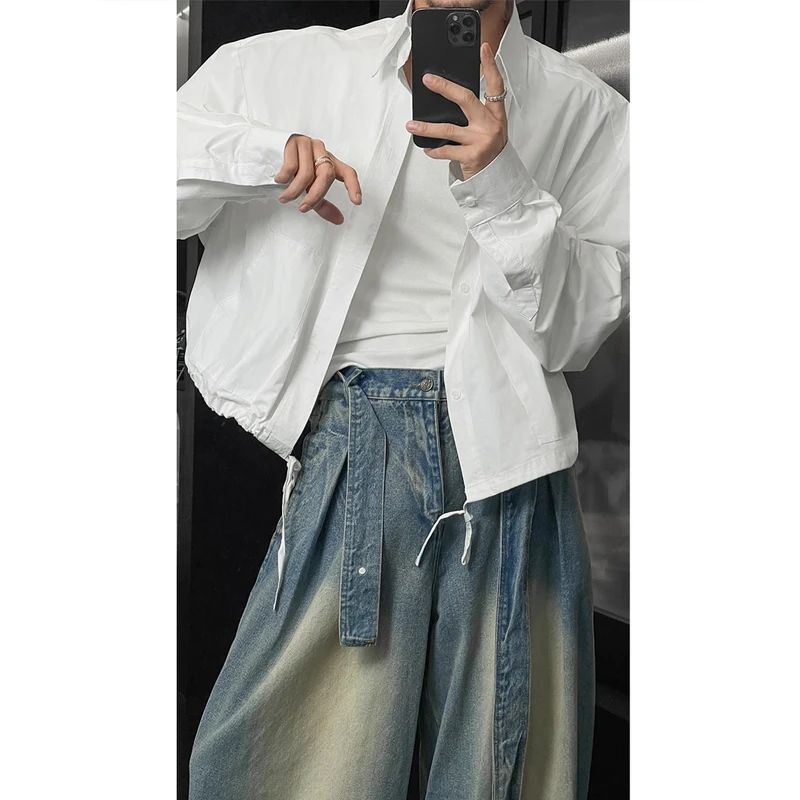 龍刀刀2025早秋短款潮流百搭下摆抽绳休闲小众设计师款衬衫短外套