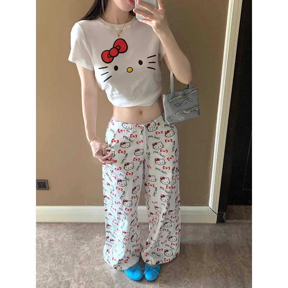 卡通可爱kt猫咪涂鸦印花白色高腰阔腿牛仔裤子女春夏新款直筒宽松