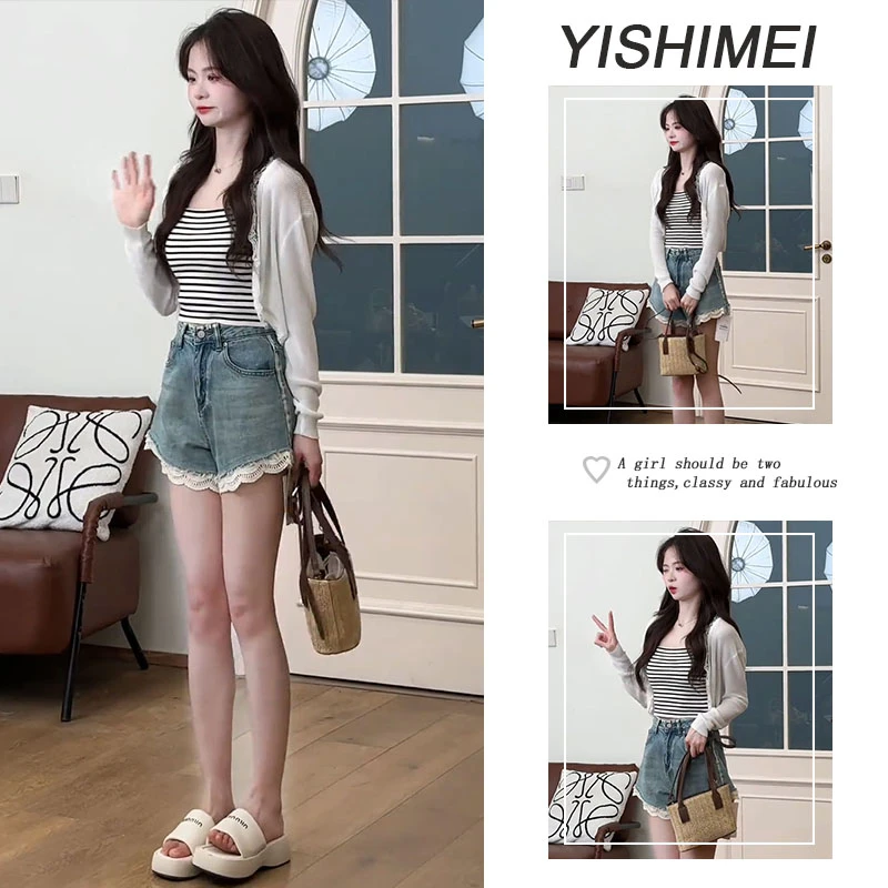 夏季温柔系穿搭2025新款韩版简约气质开衫吊带高腰显瘦短裤三件套