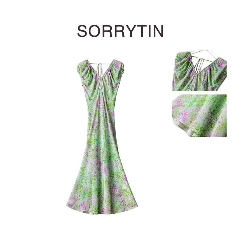 《云绿葡萄》SORRYTIN 很白很美 度假风情6A级桑蚕丝立裁连衣裙