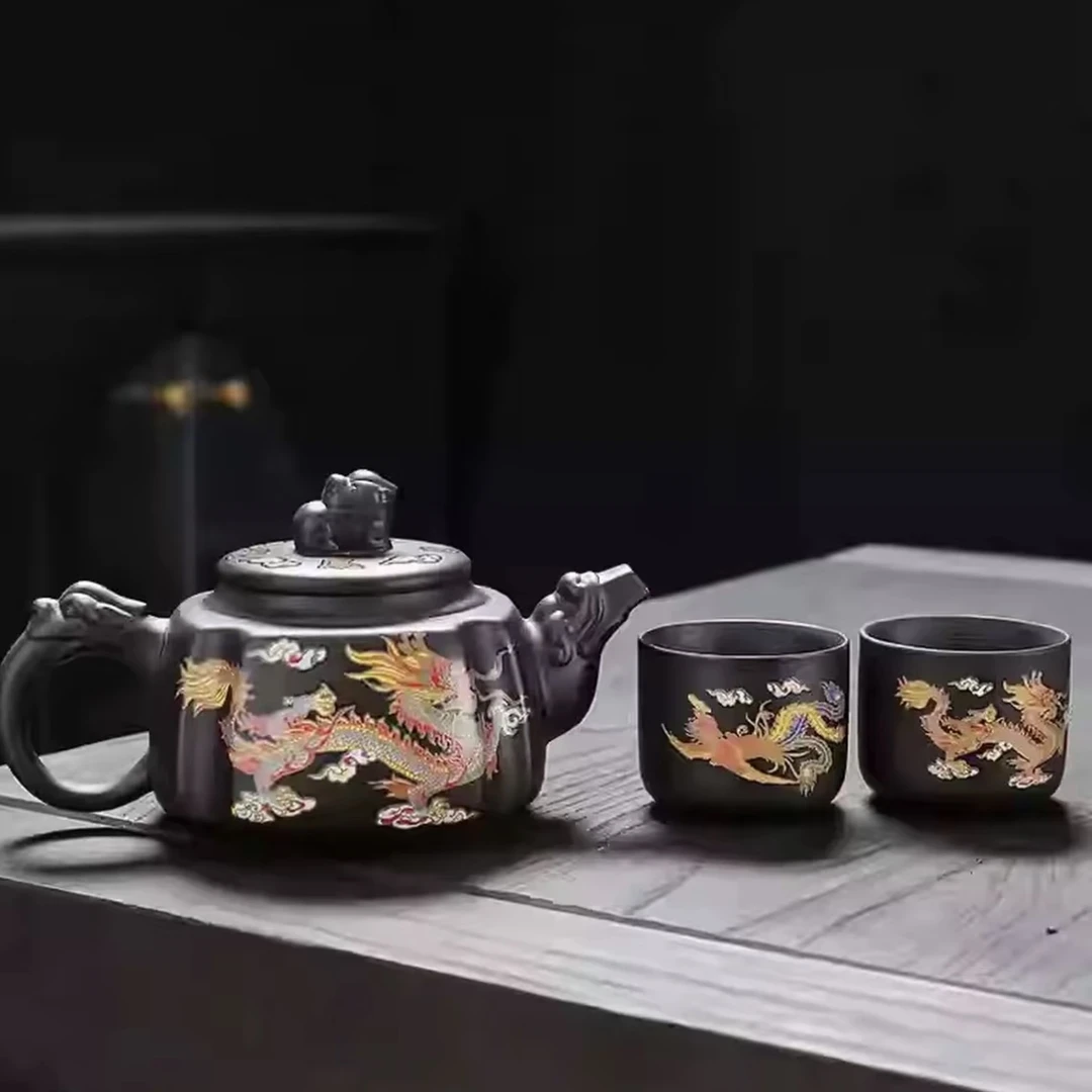 原矿紫砂四方龙尊龙凤变色壶一壶两杯