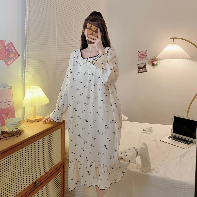 加大码可爱小狗印花春秋长袖睡裙圆领花边甜美宽松版型可外穿睡裙