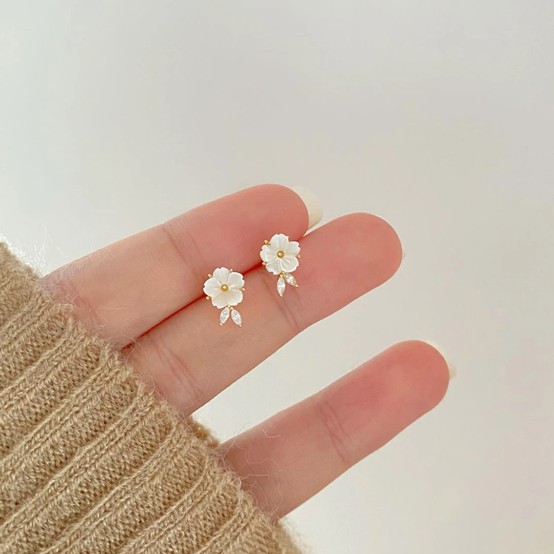 CAIEM KAIET 925银耳饰 清新山茶花贝壳耳钉女小众设计感气质耳环