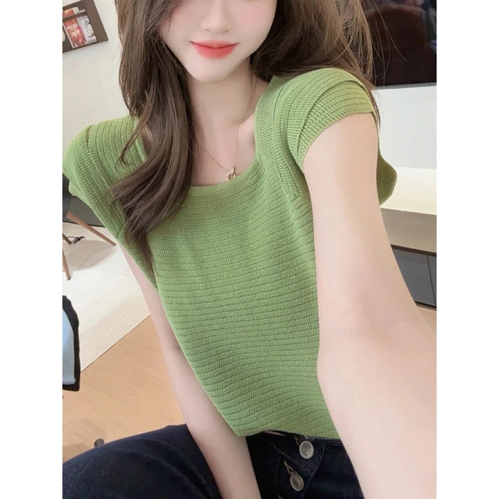 夏季新款小清新方领冰丝针织短袖T恤女时尚显瘦百搭纯色套头上衣