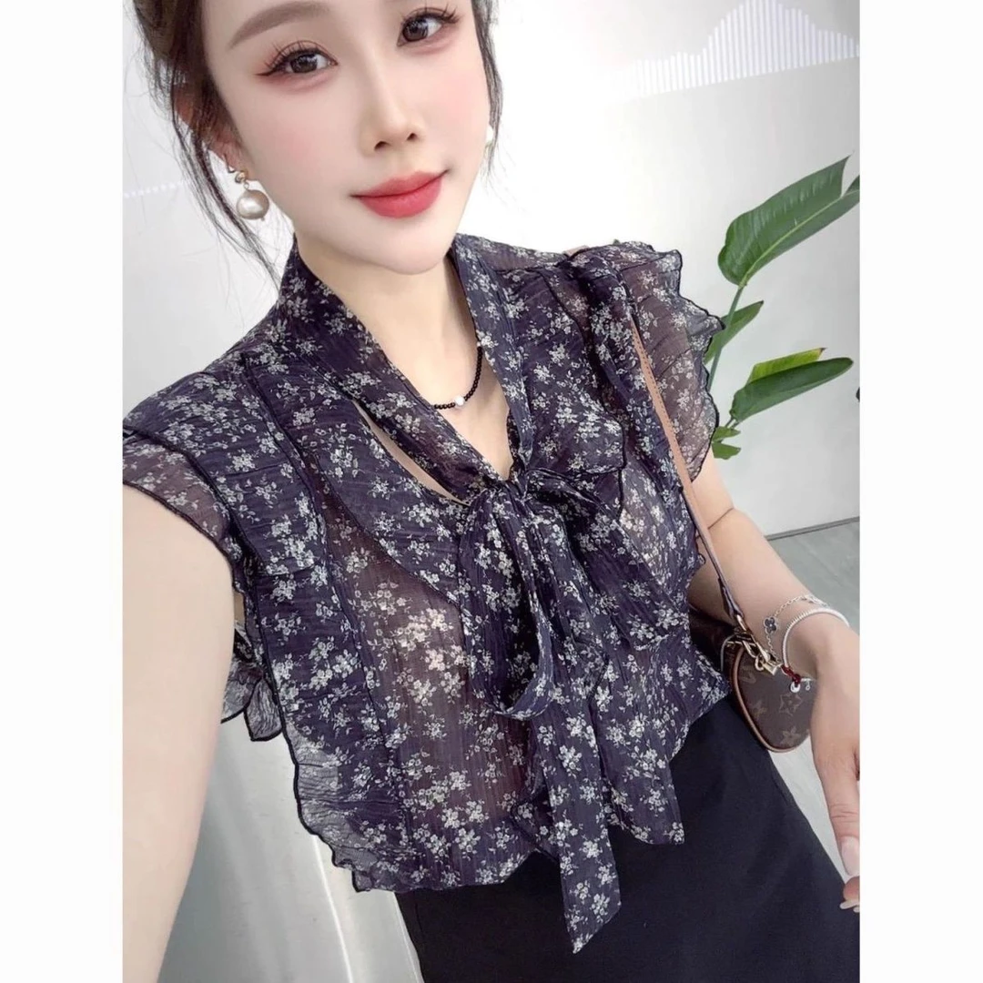 碎花无袖雪纺衫女夏轻薄透气遮肉显瘦减龄小众百搭名媛风气质上衣