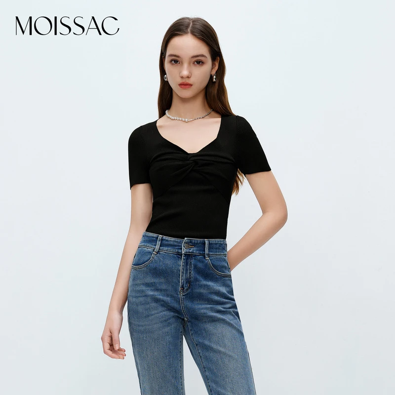 MWDX31217 MOISSAC/摩萨克 夏季简约黑色V领针织短上衣女