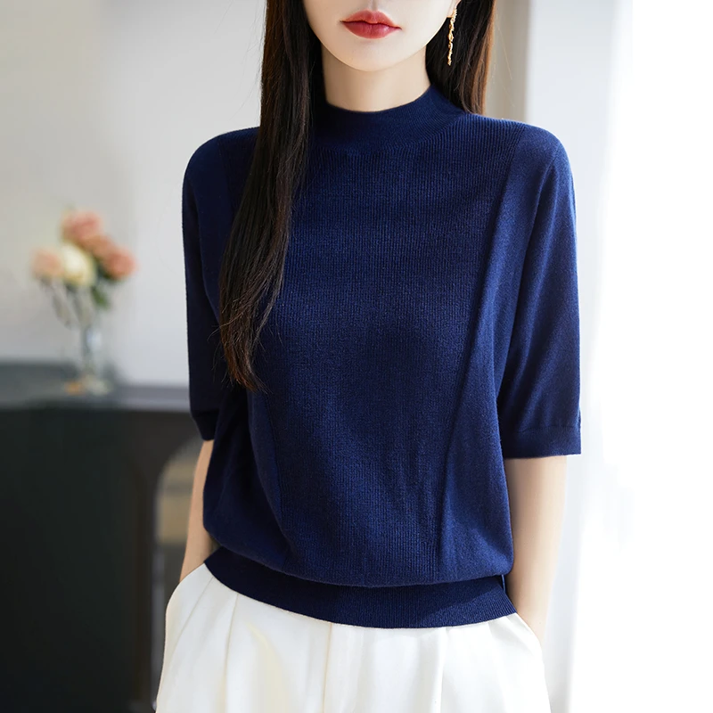 哥弟阿玛施正品新夏季款纯色系百搭半高领五分袖针织衫打底衫上衣