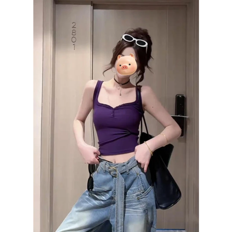 紫色V领冰丝针织吊带背心女夏季外穿小个子修身辣妹短款无袖上衣