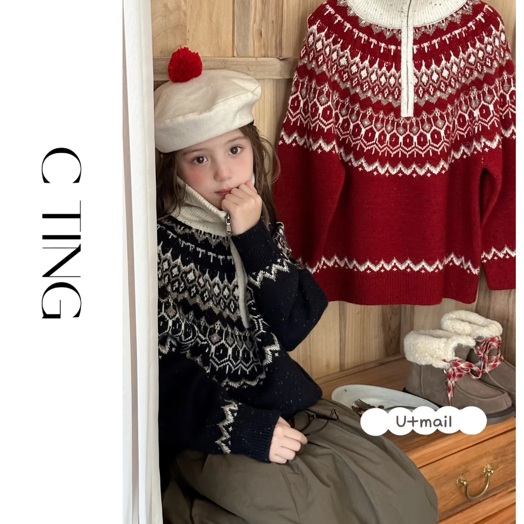 【C TING】冬季新款韩版亲子装童装费尔岛羊毛毛衣-3297