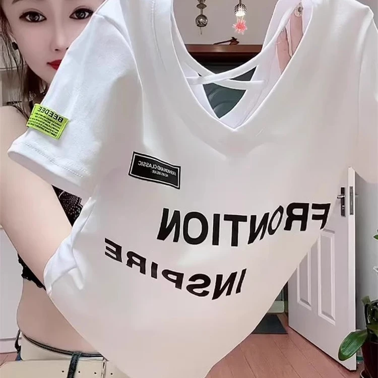 欧货洋气简约后交叉美背短袖T恤女夏季新款时尚百搭套头休闲上衣