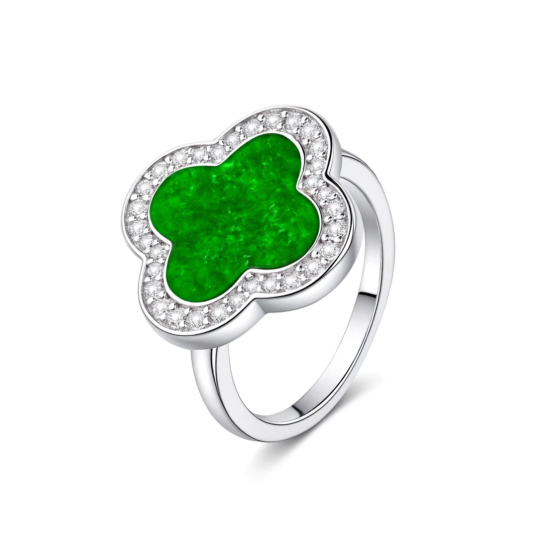 VISING珠宝天然A货缅甸翡翠阳绿色幸运草小花戒指指环闭口