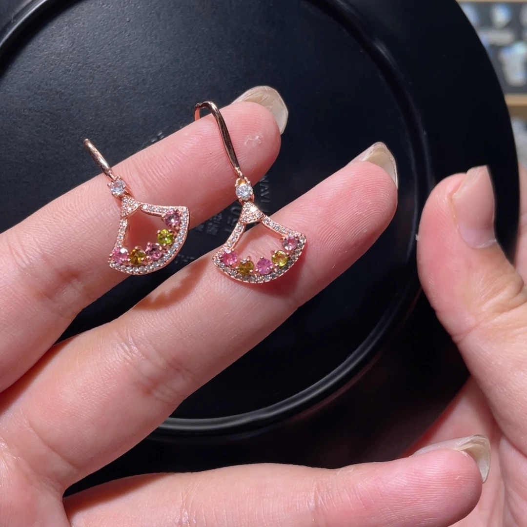 八***女碧玺耳饰银S925镶嵌碧玺耳钩裙子