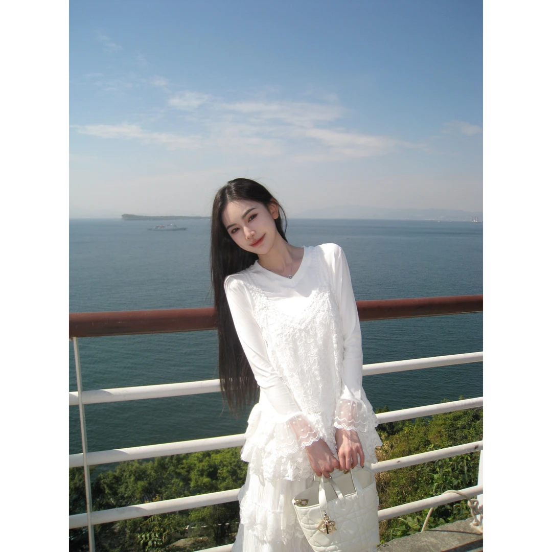 【很“jue”美】25072 洋气蕾丝背心+ V领磨毛加厚纯色T恤