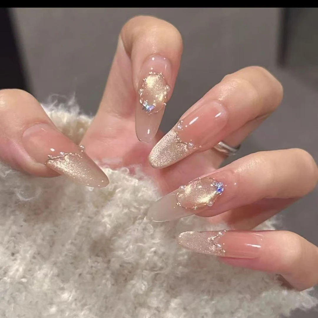 纸醉金迷春夏新款纯手工穿戴甲美甲猫眼珍珠温柔显白可拆卸美甲片