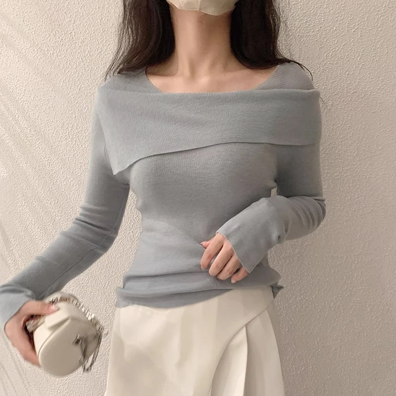 2025春季新款简约百搭长袖一字肩针织衫毛衣女内搭上衣短款打底衫