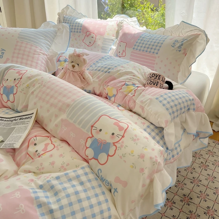 ins风韩版花边可爱猫咪超柔水洗棉四件套单人学生宿舍三件套床笠4