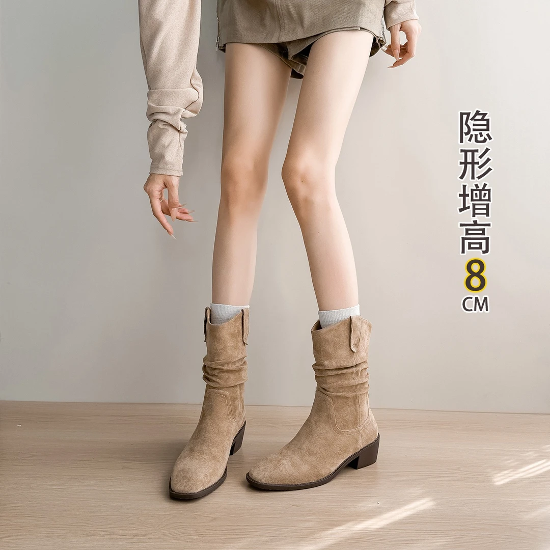 堆堆靴子女内增高2025秋季新款高跟美拉德卡其色褶皱西部牛仔短靴