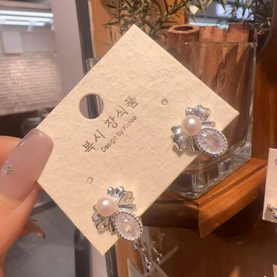 F201银色蝴蝶结单珠闪闪耳钉耳饰