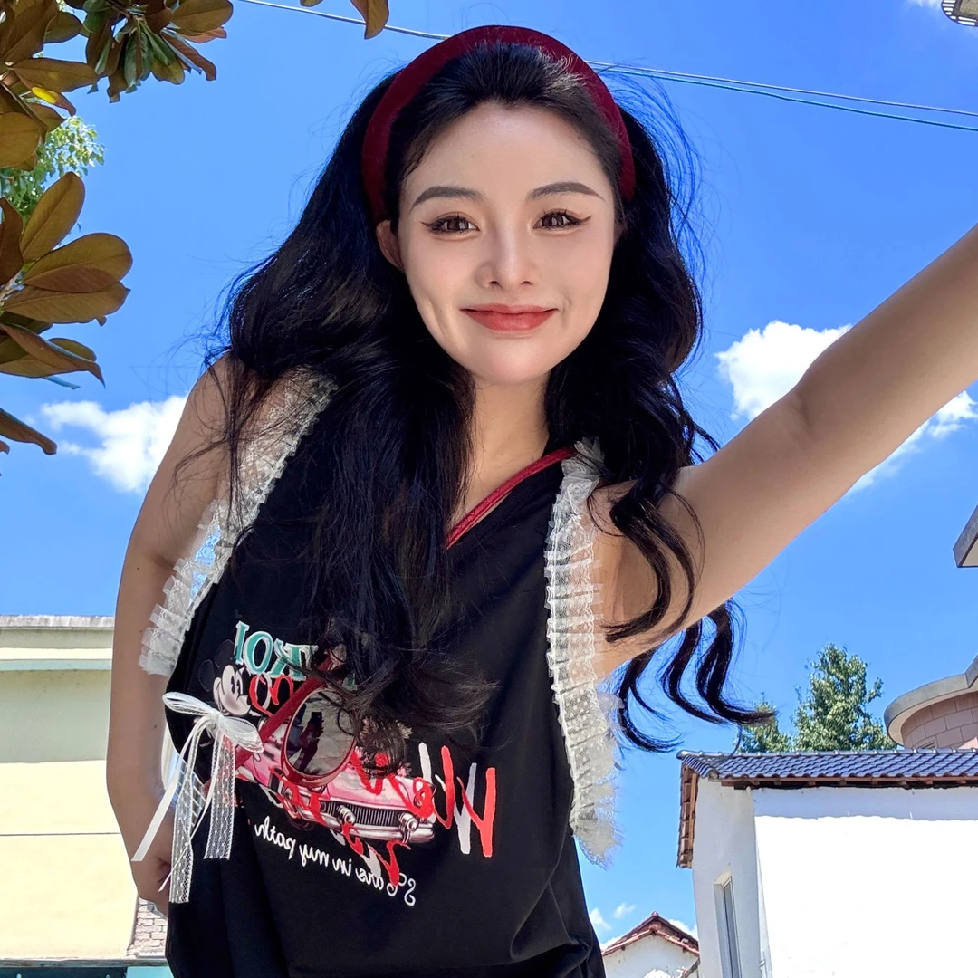 【复古甜心】夏季新款卡通汽车米奇喷画拼接蕾丝花边宽松背心T恤