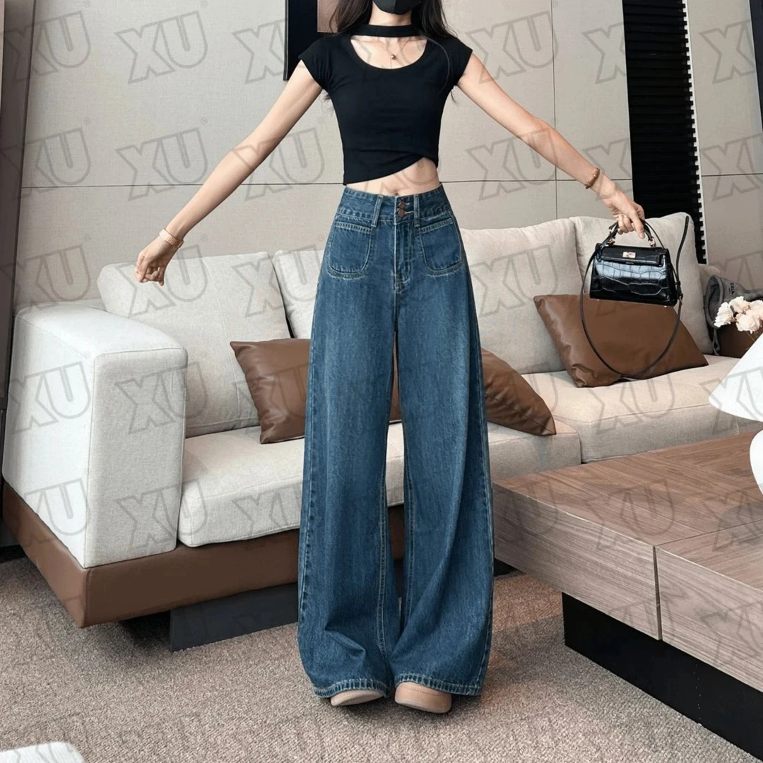 7276 GY春季新款阔腿牛仔裤女时尚百搭复古高腰显瘦直筒拖地裤