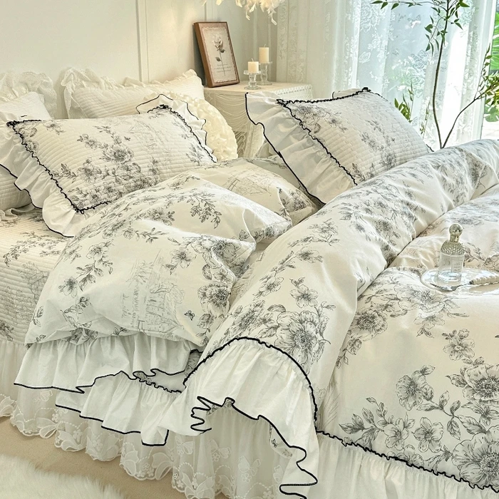 100/全棉法式四季床品套件床盖床裙韩式花边被罩公主风床上用品菊